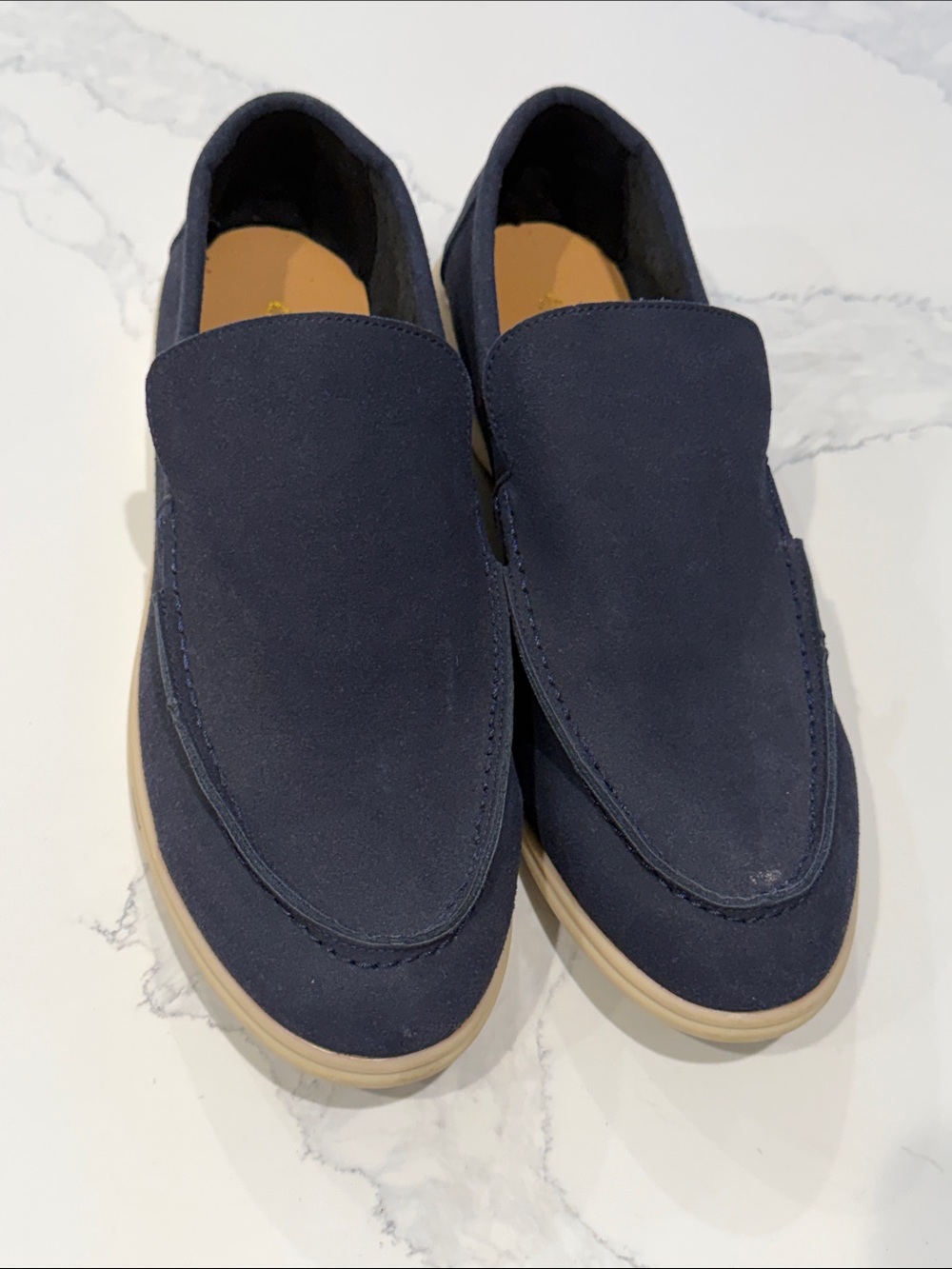 Loro Piana Navy Suede Slip-On Loafers with Tan Sole